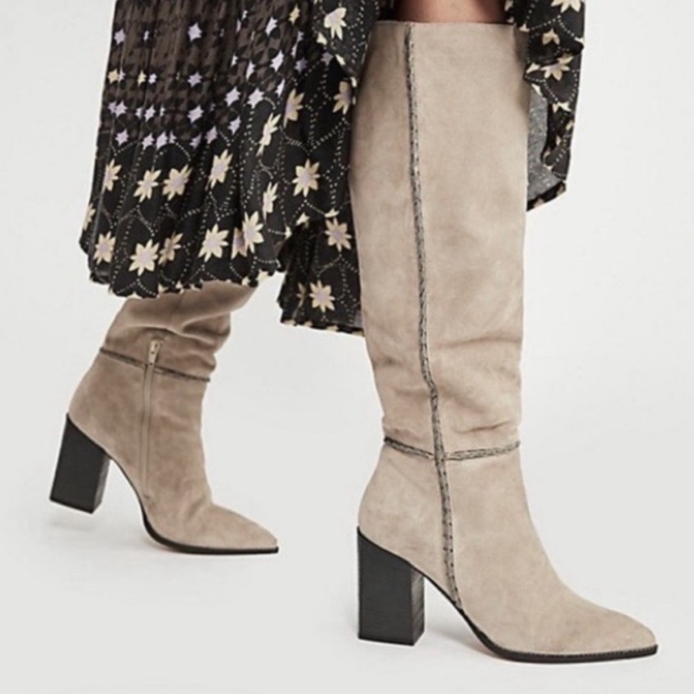 Free People Tall Suede Heeled Boots in Light Taupe